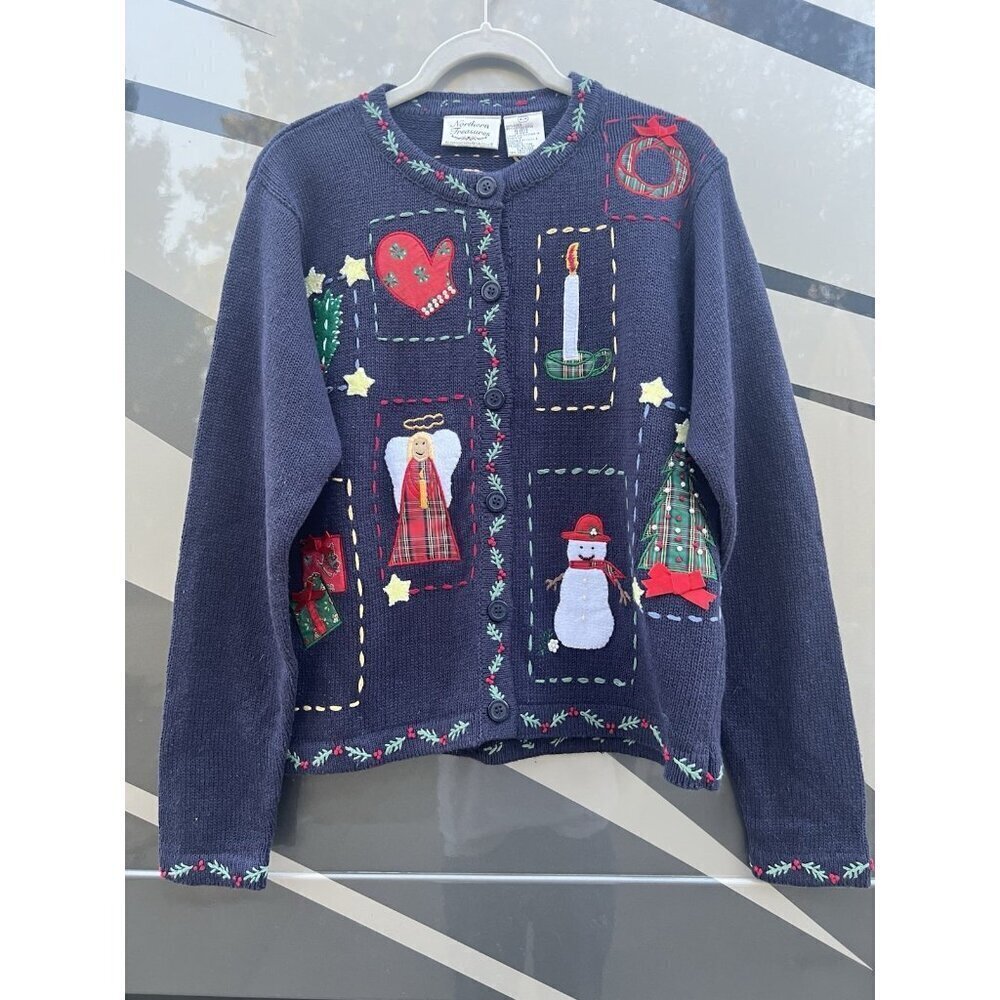 Vintage 80s Northern Treasures blue embroidered Christmas Holiday cardigan M